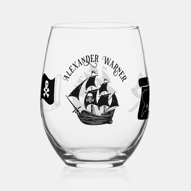Pirate Ship Skull Crossbones Flag Map Name Stemless Wine Glass (Front)