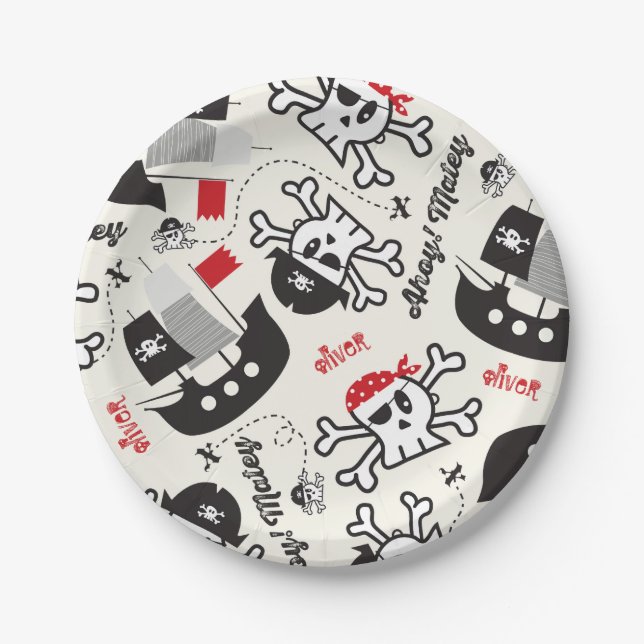 Pirate Ship Skulls Boy Birthday Party Custom Name Paper Plate (Front)