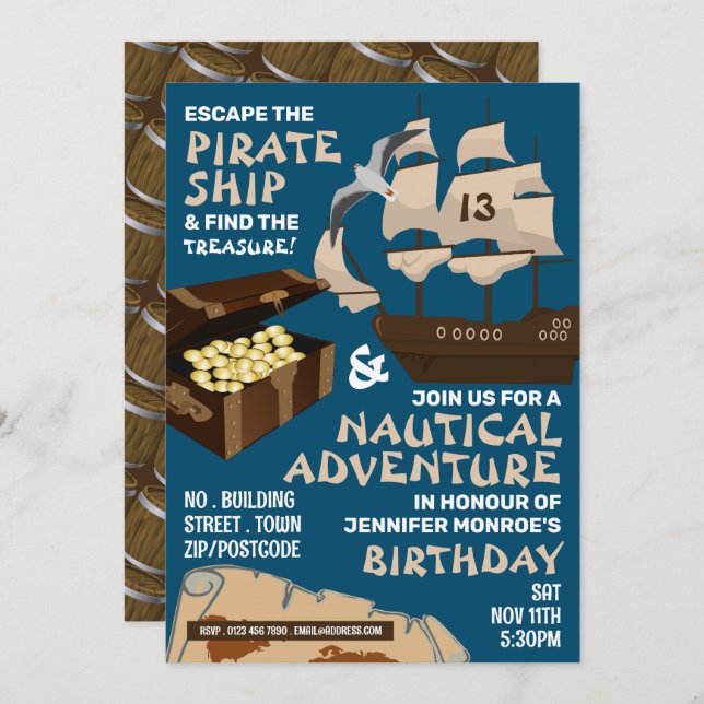 Pirate Ship Theme, Escape Room, Birthday Party Invitation (Front/Back)