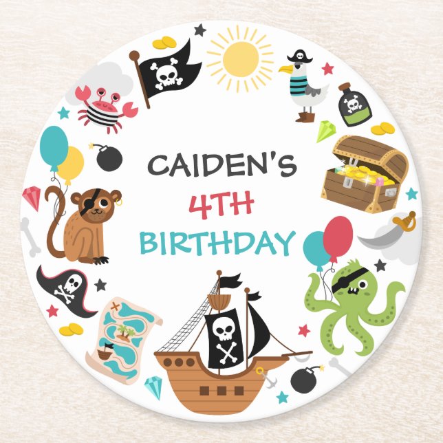 Pirate Ship Treasure Birthday Party Round Paper Coaster (Front)