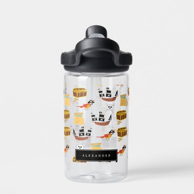 Pirate Ship Treasure Chest Theme Pattern School Water Bottle (Back)
