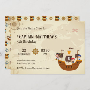 Pirate Ship Treasure Map Kids Birthday Party Invitation