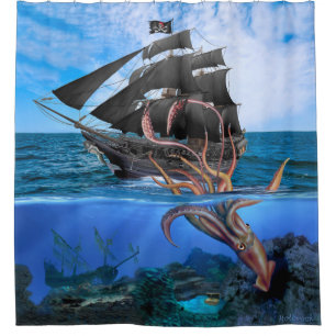 Pirate Ship vs The Giant Squid Shower Curtain