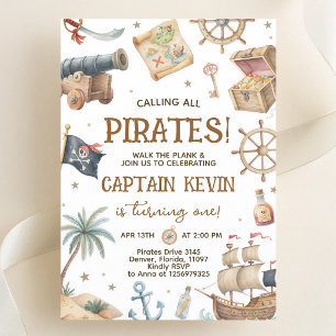 Pirate Ship Watercolor Boy First Birthday Invitation