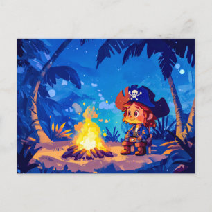 Pirate Sitting by a Campfire under Palms Postcard