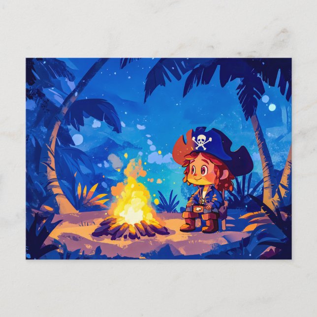 Pirate Sitting by a Campfire under Palms Postcard (Front)