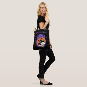 Pirate skeleton cat and plaid tote bag