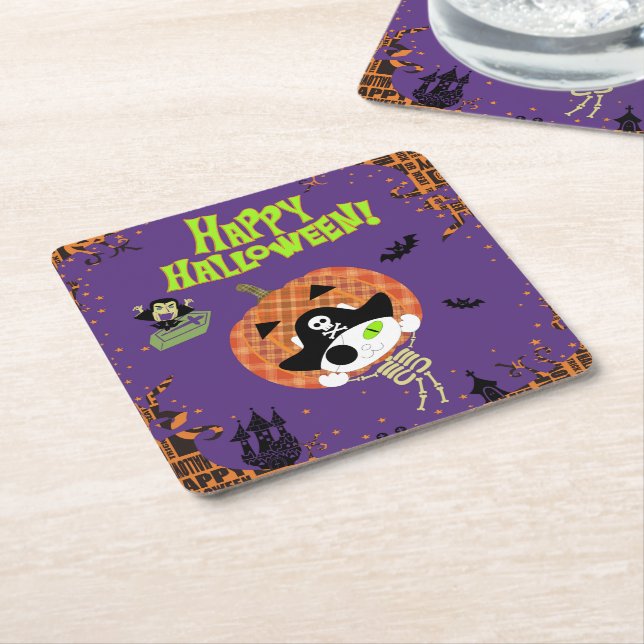 Pirate skeleton cat square paper coaster (Angled)