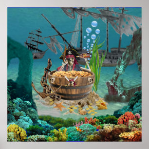 PIRATE SKELETON IN A BARREL POSTER