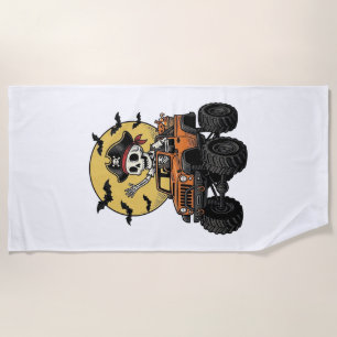Pirate Skeleton Monster Truck Halloween Design_1 Beach Towel