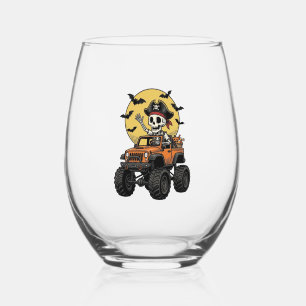 Pirate Skeleton Monster Truck Halloween Design_1 Stemless Wine Glass