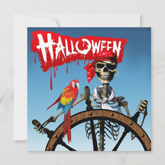 Pirate Skeleton Sailor with Macaw Halloween Party Invitation (Front)