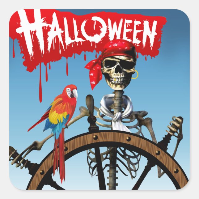 Pirate Skeleton Sailor with Macaw Halloween Party Square Sticker (Front)