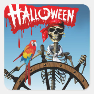 Pirate Skeleton Sailor with Macaw Halloween Party Square Sticker