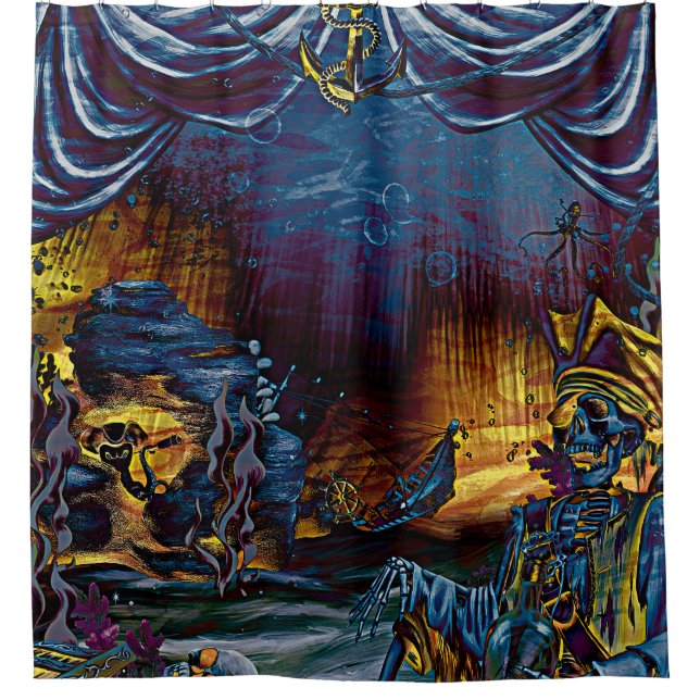 Pirate Skeleton Treasure Under the Sea Comic Art Shower Curtain (Front)