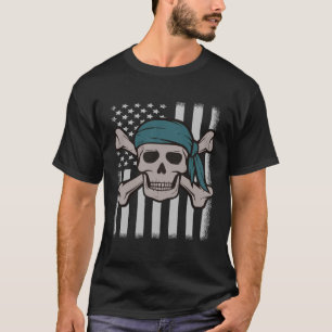 Pirate Skull American Flag Halloween Party Costume T-Shirt