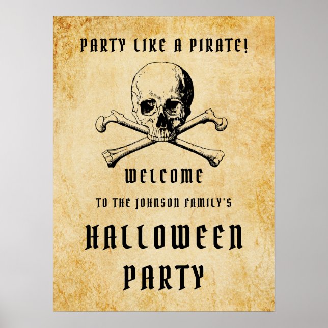 Pirate Skull And Bones Welcome Halloween Party Poster (Front)