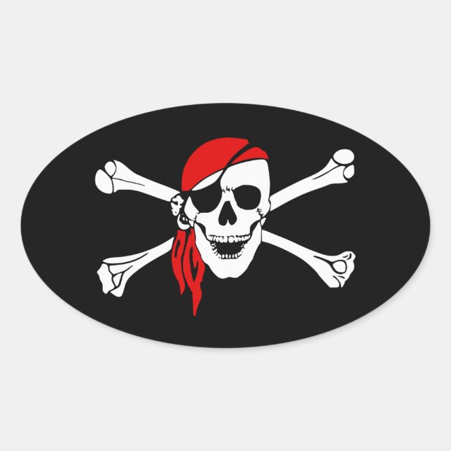 Pirate Skull and Crossbones with Red Bandanna Oval Sticker (Front)