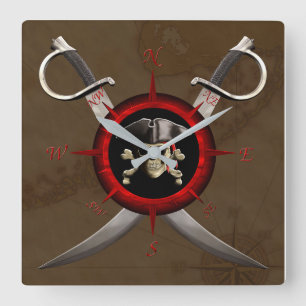 Pirate Skull Compass Rose Square Wall Clock