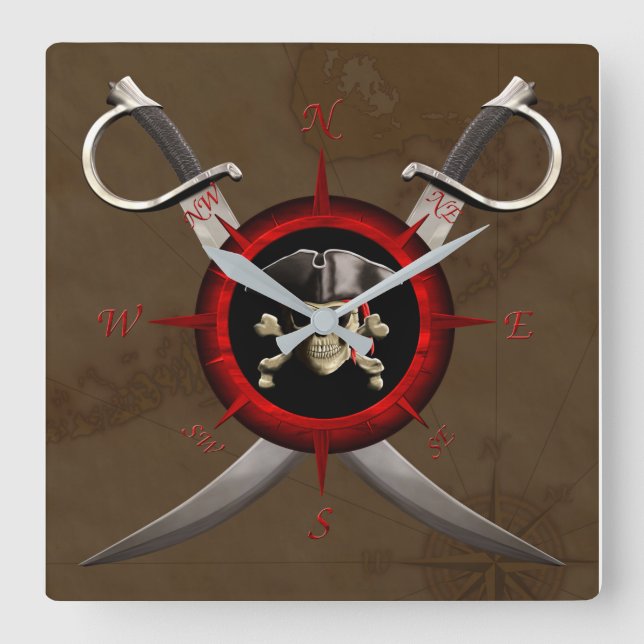 Pirate Skull Compass Rose Square Wall Clock (Front)