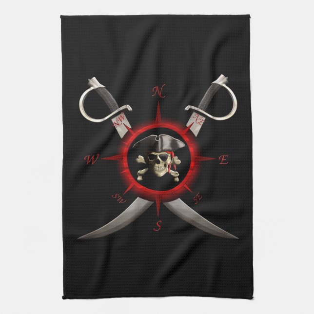 Pirate Skull Compass Rose Tea Towel (Vertical)