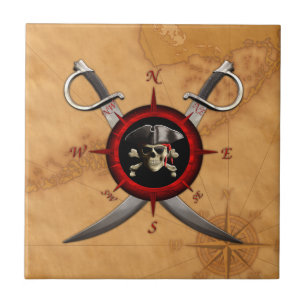 Pirate Skull Compass Rose Tile