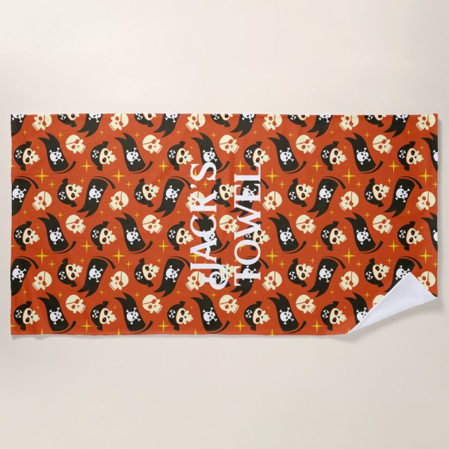 Pirate Skull & Cross Bones. Editable name. Beach Towel (Front)