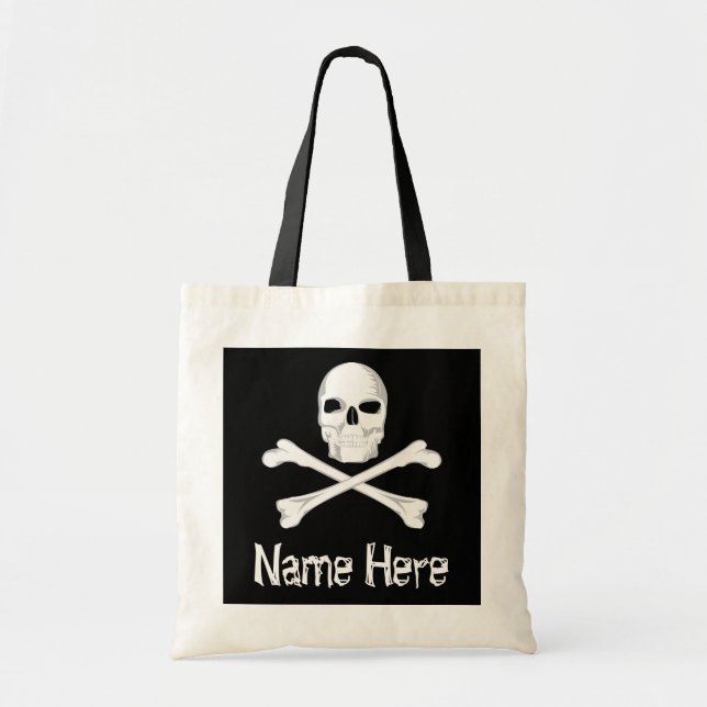Pirate Skull Crossbone Custom Name Halloween Treat Tote Bag (Front)