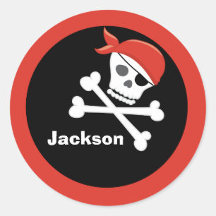 Pirate Skull Crossbones Black Red Monogram Kids Classic Round Sticker