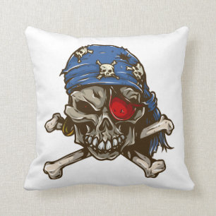 Pirate skull crossbones blue bandanna eye patch cushion