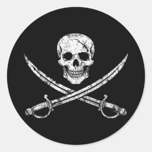 Pirate skull crossbones cross sword jolly roger classic round sticker