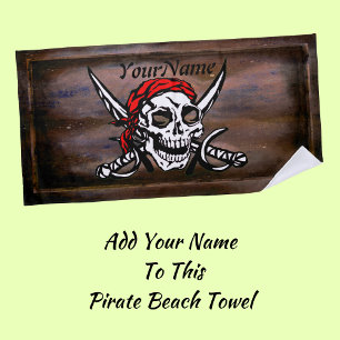 Pirate Skull Crossed Swords - Add Your Name - Beach Towel