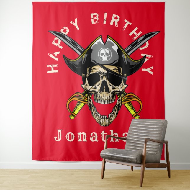 Pirate Skull Ghost Happy Birthday Backdrop Tapestry (In Situ)