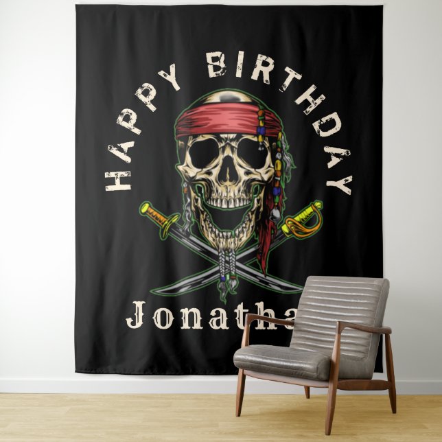 Pirate Skull Ghost Royal  Happy Birthday Backdrop Tapestry (In Situ)
