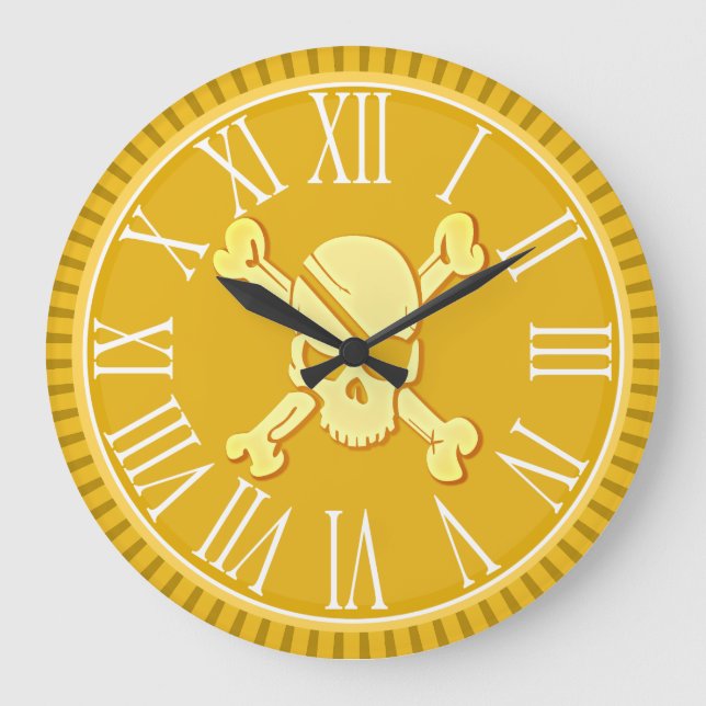 Pirate Skull Gold Coin Treasure Dubloon Large Clock (Front)