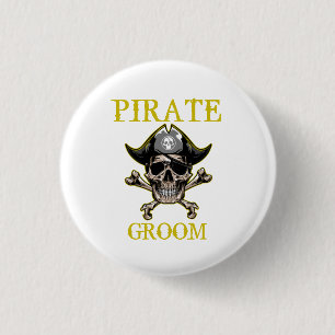 PIRATE SKULL GROOM GOLD 3 CM ROUND BADGE