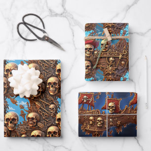 Pirate skull mutiny high seas pirates ship  wrapping paper sheet