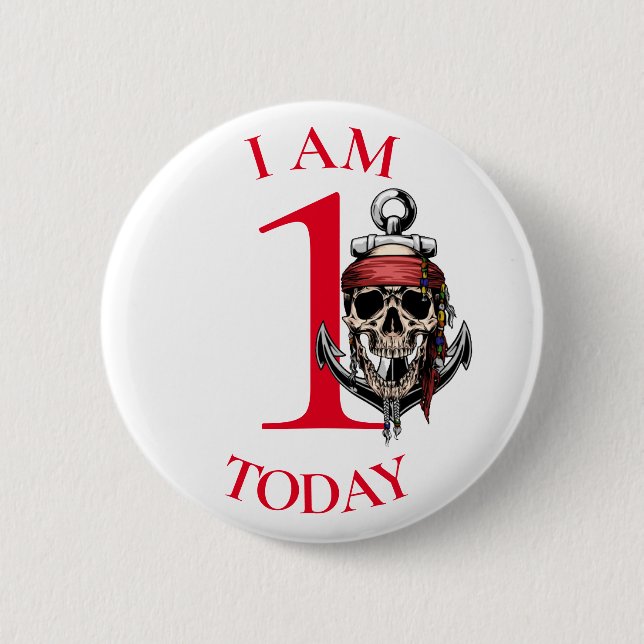 Pirate Skull Red Anchor BIRTHDAY NUMBER 1 Button (Front)
