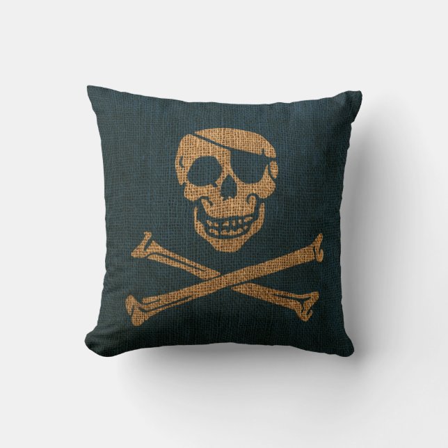 Pirate Skull Rustic Deep Sea Blue Cushion (Front)