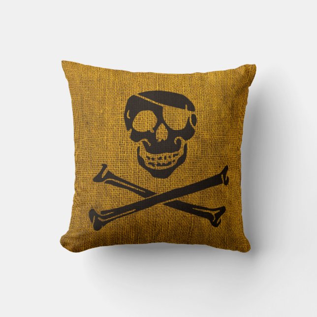 Pirate Skull Rustic Yellow Black Cushion (Front)