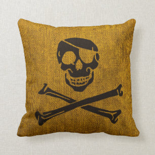 Pirate Skull Rustic Yellow Black Cushion