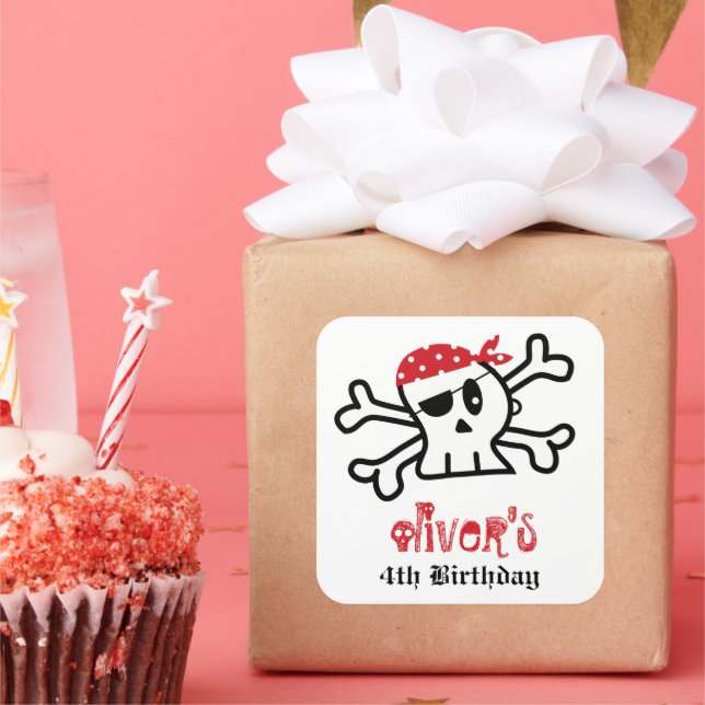 Pirate Skull Skeleton Boy's Birthday Party Favour Square Sticker (Party)