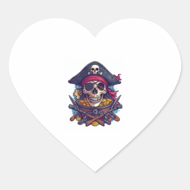 Pirate Skull Treasure Heart Sticker (Front)