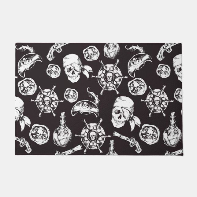 Pirate skulls black white pattern doormat (Front)