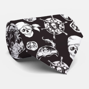 Pirate skulls black white pattern tie