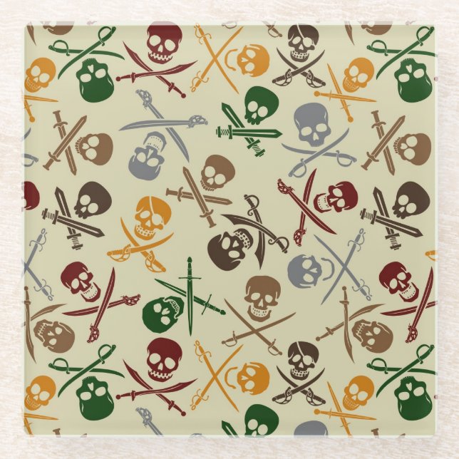 Pirate Skulls with Crossed Swords Glass Coaster (Front)