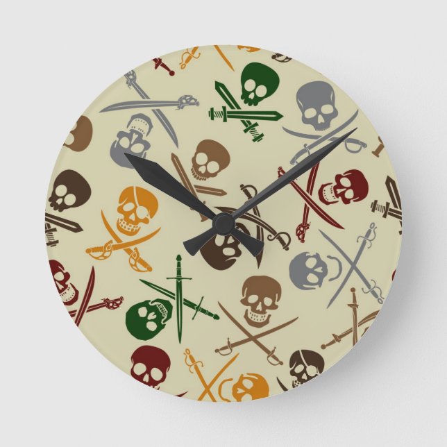 Pirate Skulls with Crossed Swords Round Clock (Front)