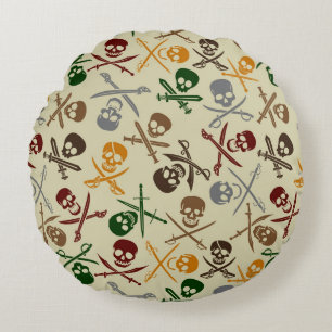 Pirate Skulls with Crossed Swords Round Cushion