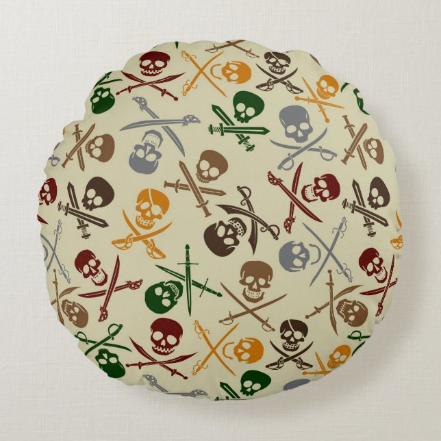 Pirate Skulls with Crossed Swords Round Cushion (Front)