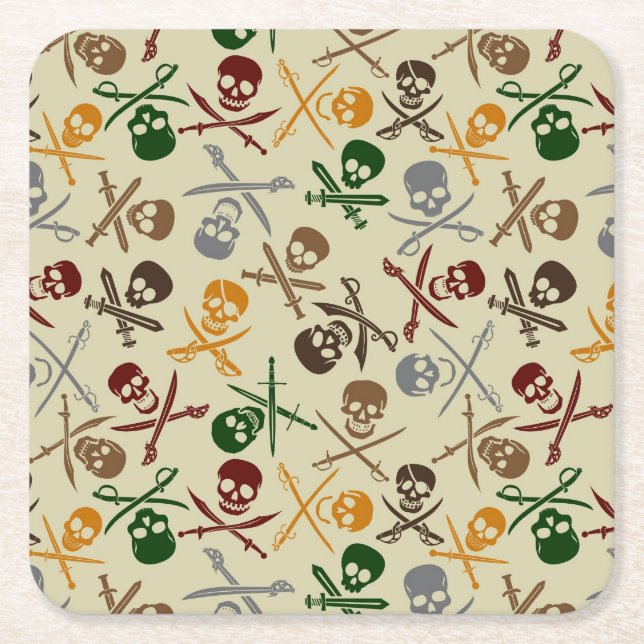 Pirate Skulls with Crossed Swords Square Paper Coaster (Front)